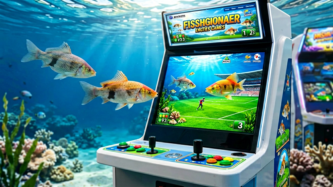 arcade ဂိမ်းစက်များ စီတန်းထားသည့် ခန်းမအတွင်း မြင်ကွင်းနှင့် စက်၏ ဖန်သားပြင်ပေါ်ရှိ ငါးပစ်မြင်ကွင်း