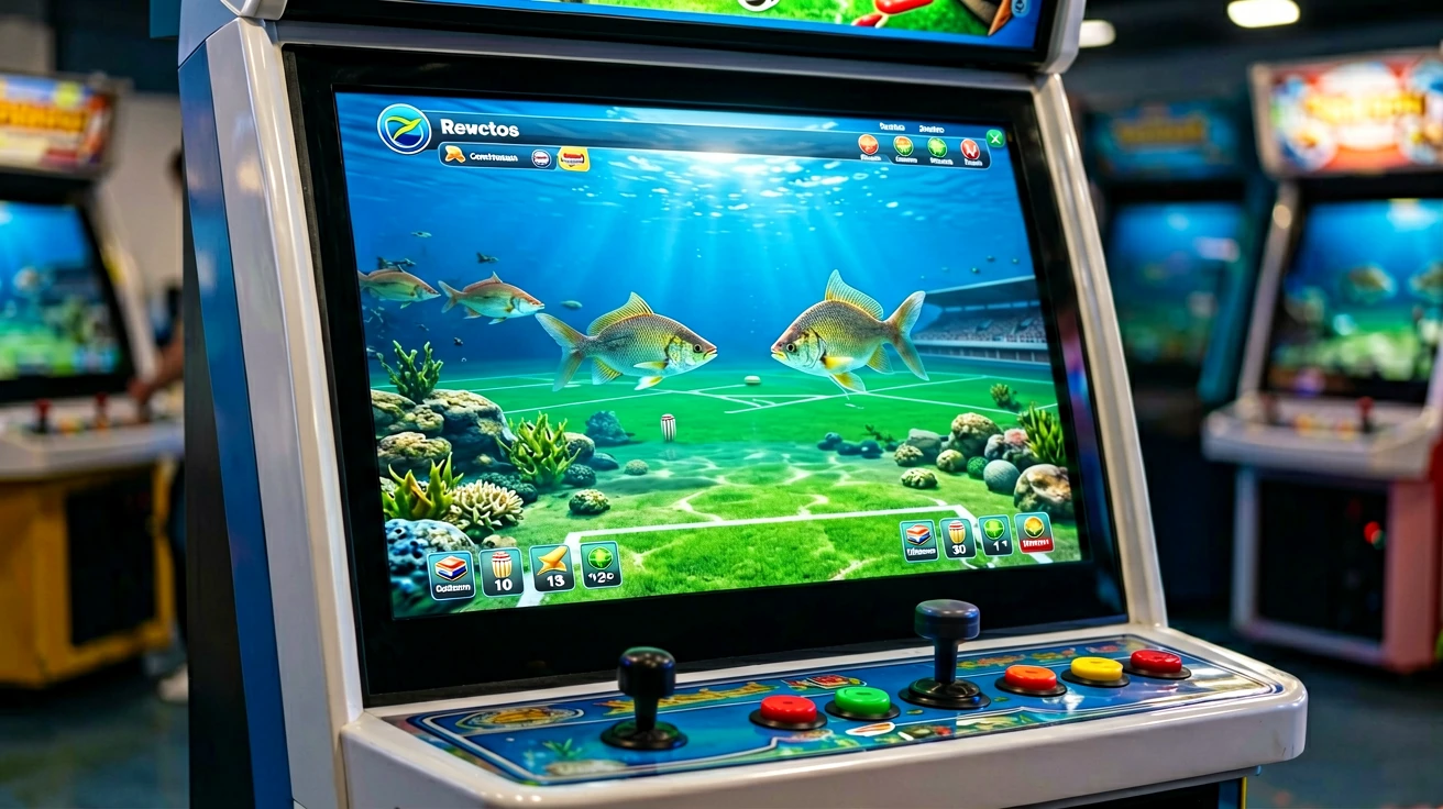 arcade ဂိမ်းစက်၏ ဖန်သားပြင်အနီးကပ် မြင်ကွင်းတွင် ငါးများနှင့် ရမှတ်ပြသနေသည့် အင်တာဖေ့စ်၊ အောက်ဘက်တွင် joystick နှင့် ခလုတ်များ