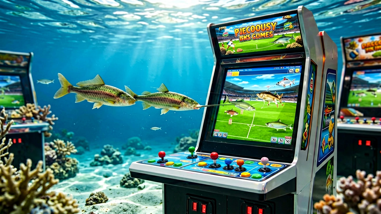 ရေအောက်မြင်ကွင်းထဲတွင် တည်ရှိသည့် arcade ဂိမ်းစက်နှင့် ၎င်း၏ ဖန်သားပြင်ပေါ်ရှိ ငါးပစ်ကစားနည်းမြင်ကွင်း