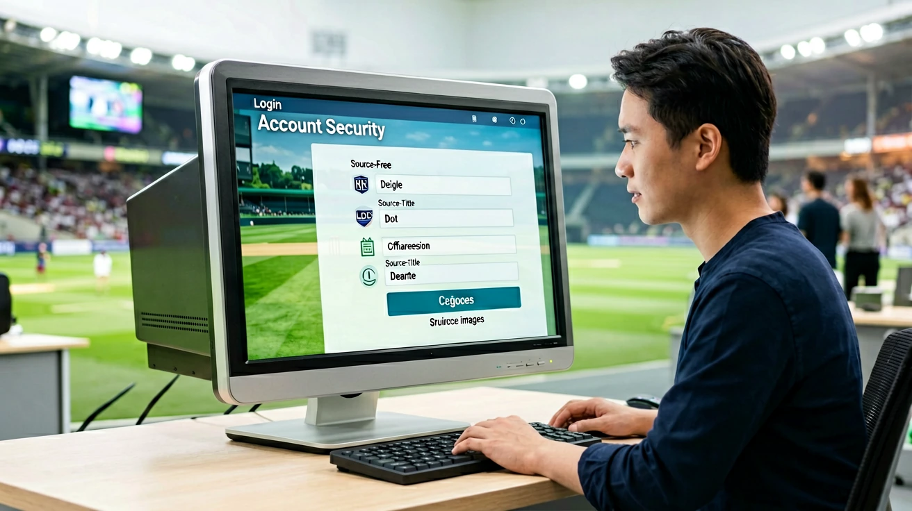 ဖန်သားပြင်ပေါ် Login ဖောင်ပေါ်နေသည့် မော်နီတာရှေ့တွင် ကီးဘုတ်ကို လက်နှစ်ဖက်ဖြင့် ရိုက်နေသည့် အမျိုးသားတစ်ဦး၊ နောက်ခံတွင် ထိုင်ခုံတန်းများရှိသည့် ပွဲကြည့်ကွင်း