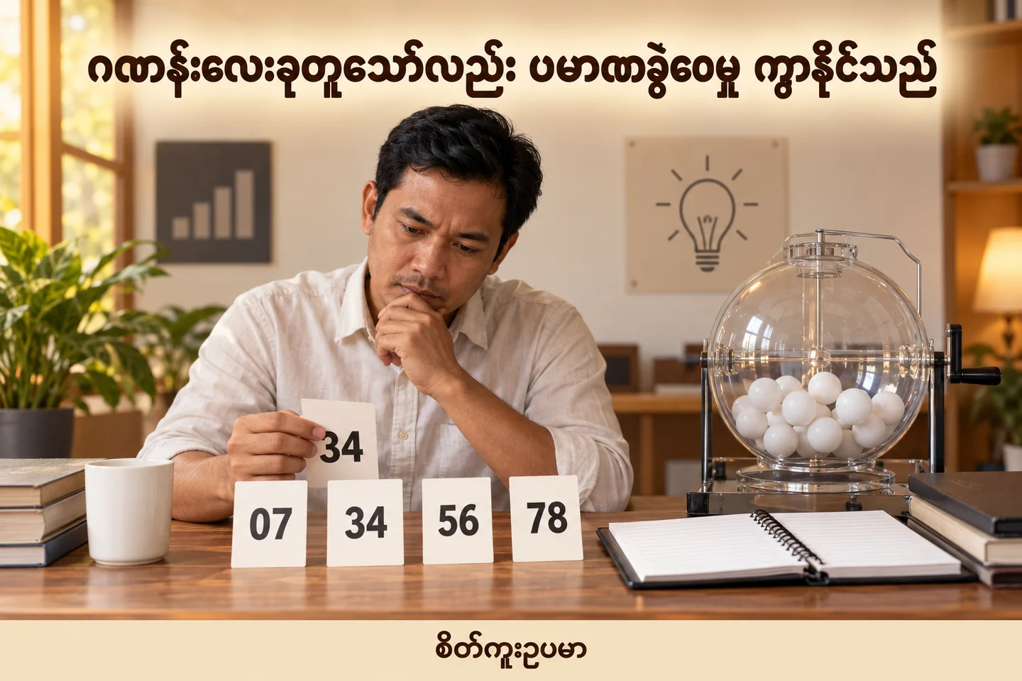 ထီဂဏန်းလေးမျိုးတူသော်လည်း ပမာဏခွဲပုံနှင့် ပြန်ရငွေ ကွာနိုင်သည် — စိတ်ကူးထီဆိုင်ရာ သရုပ်ဖော်ပုံ။