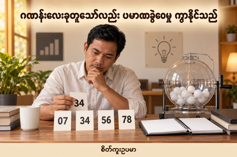 ထီဂဏန်းလေးမျိုးတူသော်လည်း ပမာဏခွဲပုံနှင့် ပြန်ရငွေ ကွာနိုင်သည် — စိတ်ကူးထီဆိုင်ရာ သရုပ်ဖော်ပုံ။