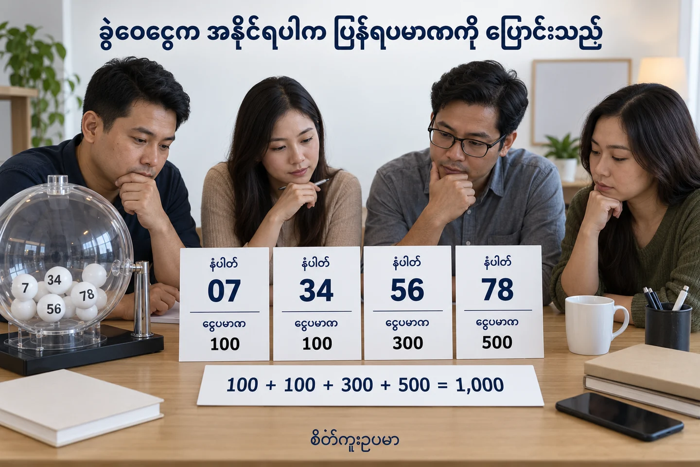 ရွေးဂဏန်းနှင့် ပမာဏခွဲဝေမှု ခွဲဖတ်နည်း ကို ပြထားသော စိတ်ကူးဥပမာပုံ။