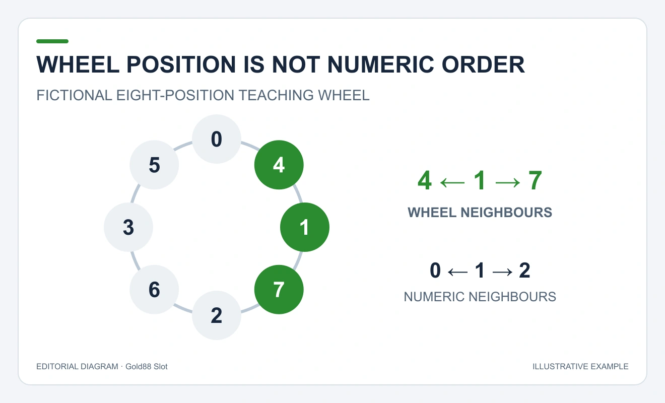 Clockwise teaching wheel0,4,1,7,2,6,3,5 highlights1 and its adjacent4 and7.